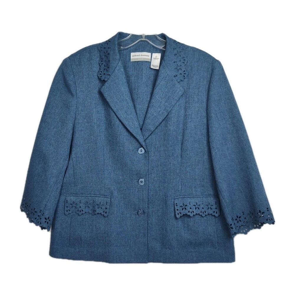 Alfred Dunner Petite Blazer Women's 14P Blue‎ 3/4 Sleeve Eyelet Collar & Cuffs